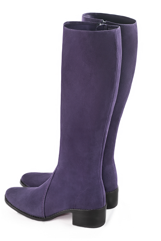 Lavender purple women's riding knee-high boots. Round toe. Low leather soles. Made to measure. Rear view - Florence KOOIJMAN